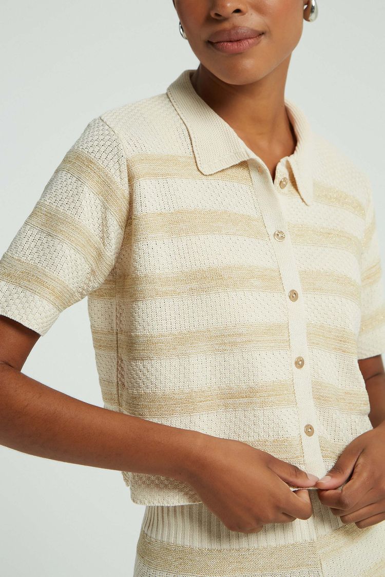 BLUSA LISTRAS LUREX TRICOT BEGE / DOURADO PP - BEGE / DOURADO - 277847