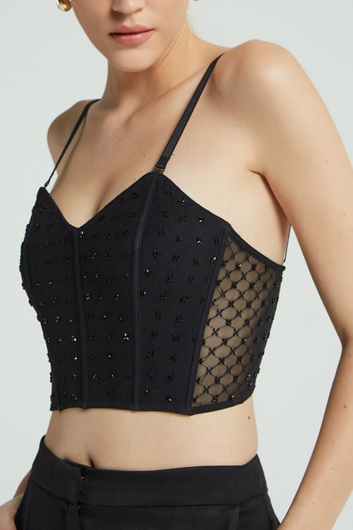 CORSET DECOTE CORACAO BORDADO PRETO