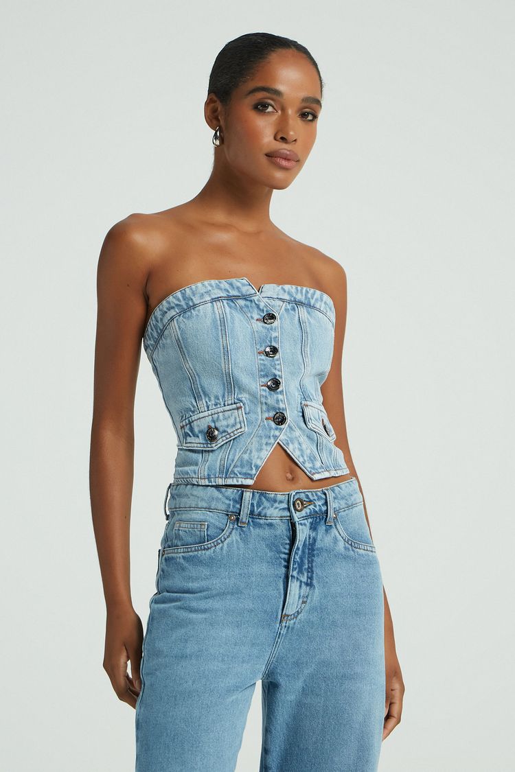 CORSET TOMARA QUE CAIA ABERTURA FRENTE JEANS CLARO P - JEANS CLARO - 278422