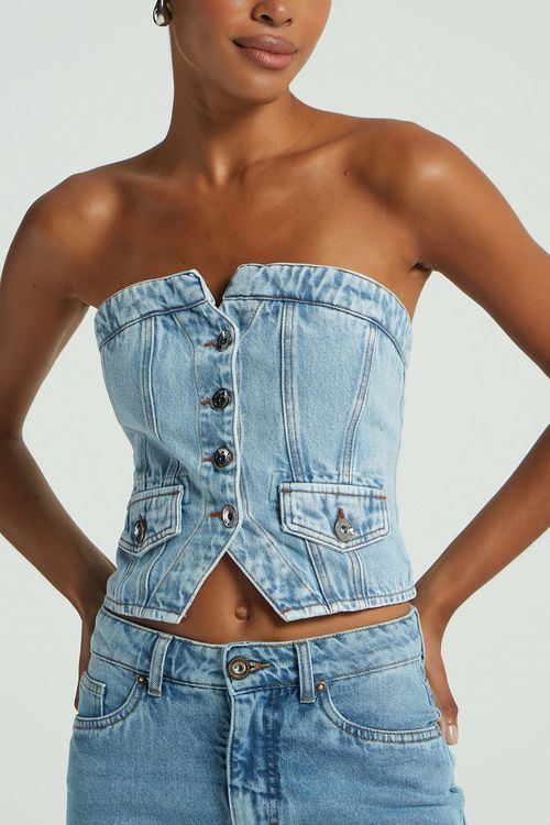 CORSET TOMARA QUE CAIA ABERTURA FRENTE JEANS CLARO