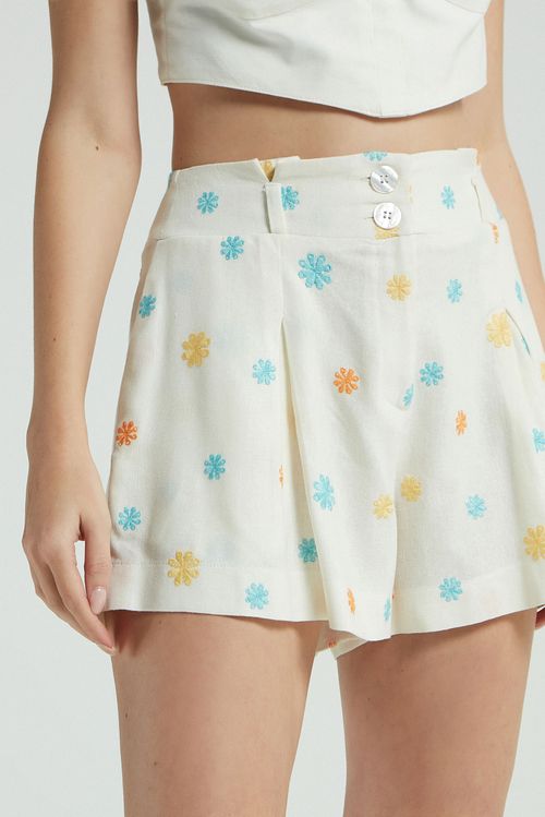 SHORT LINHO FLORES COLORIDAS-CREME