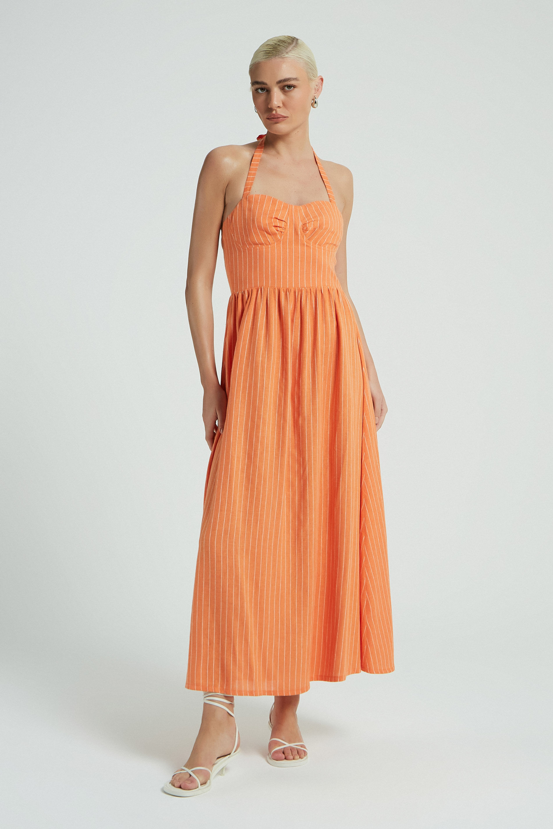 VESTIDO BOJO LINHO RISCA DE GIZ-MANDARIM G - MANDARIM - 279183