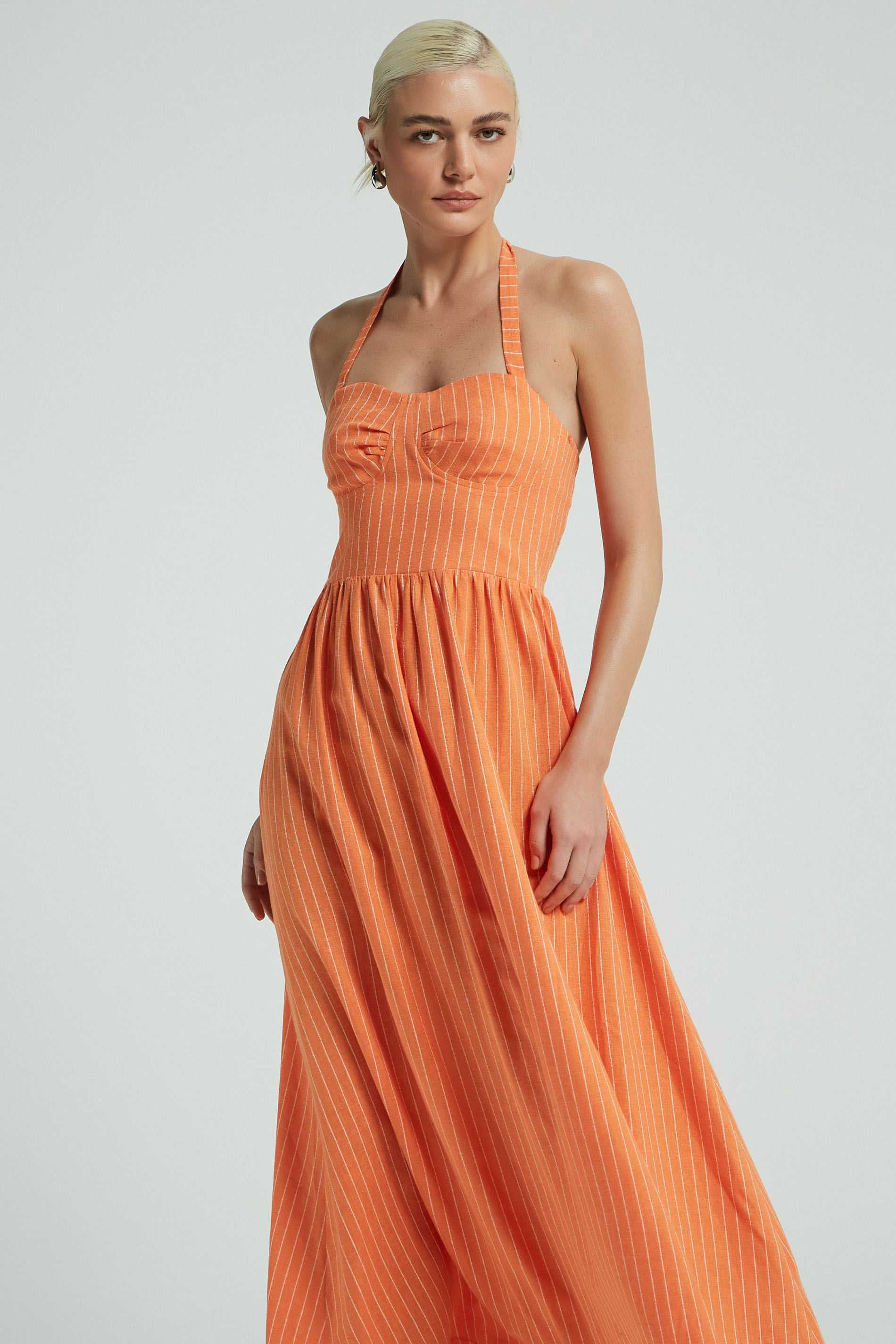 VESTIDO BOJO LINHO RISCA DE GIZ-MANDARIM G - MANDARIM - 279193