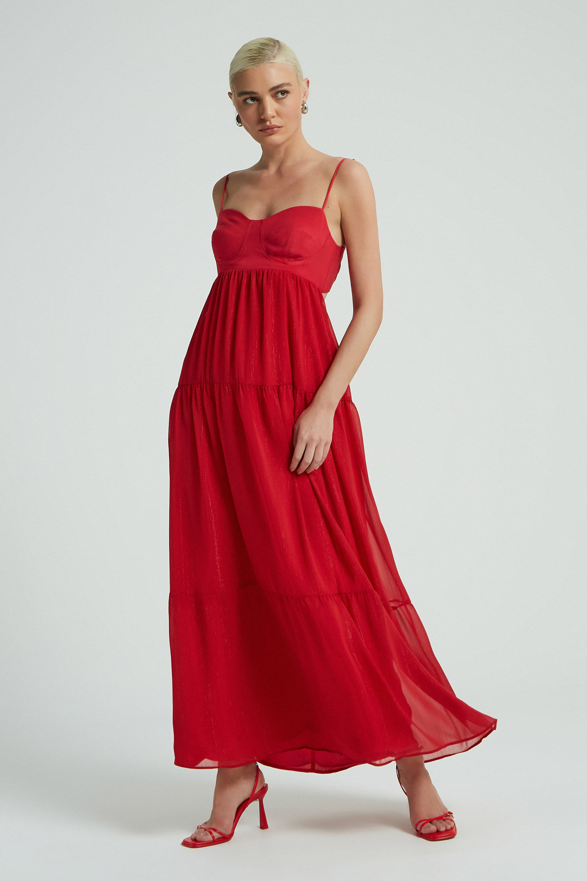 VESTIDO LONGO SAIA CHIFFON LUREX-VERMELHO M - VERMELHO - 279305