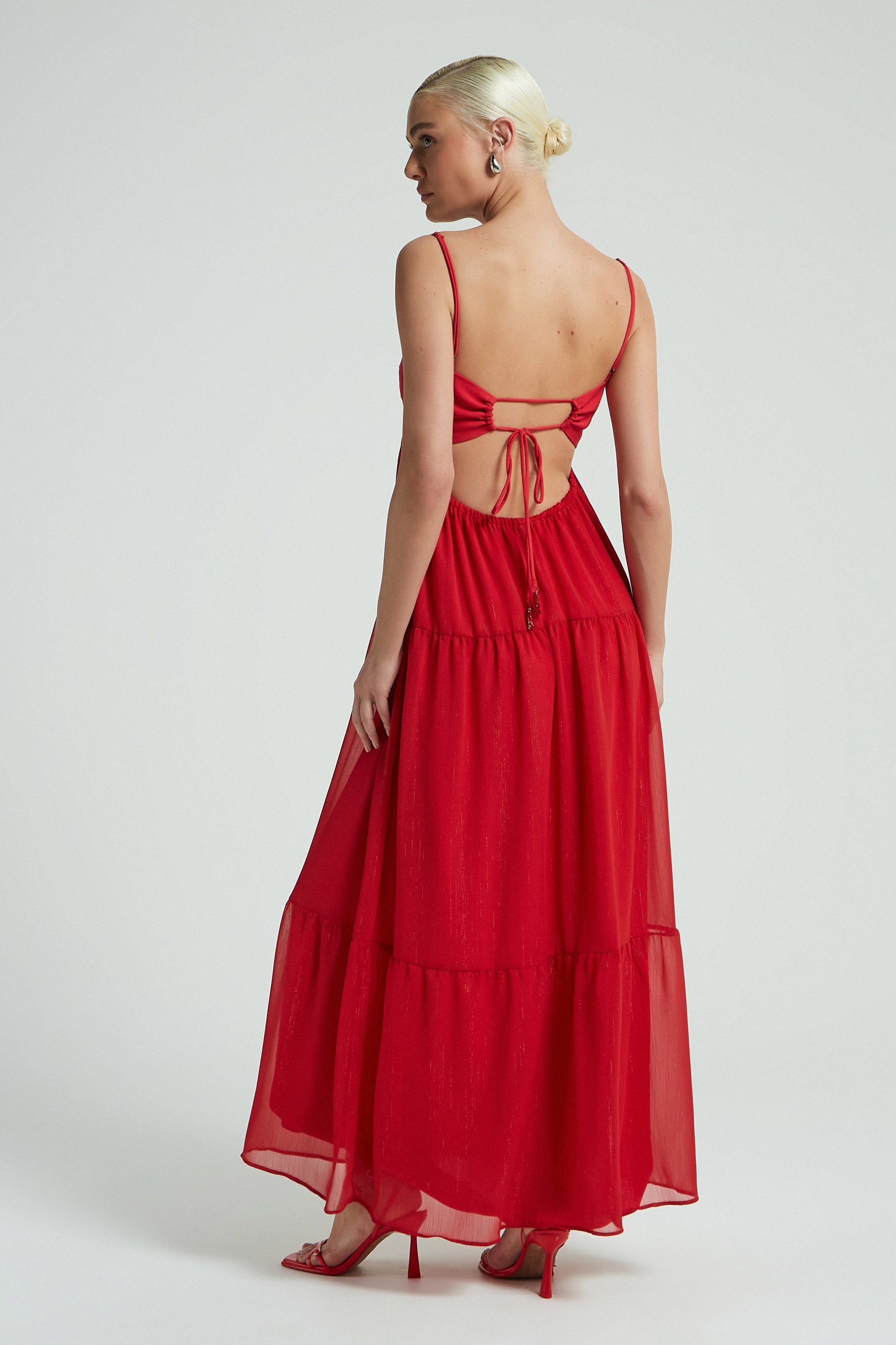 VESTIDO LONGO SAIA CHIFFON LUREX-VERMELHO M - VERMELHO - 279310