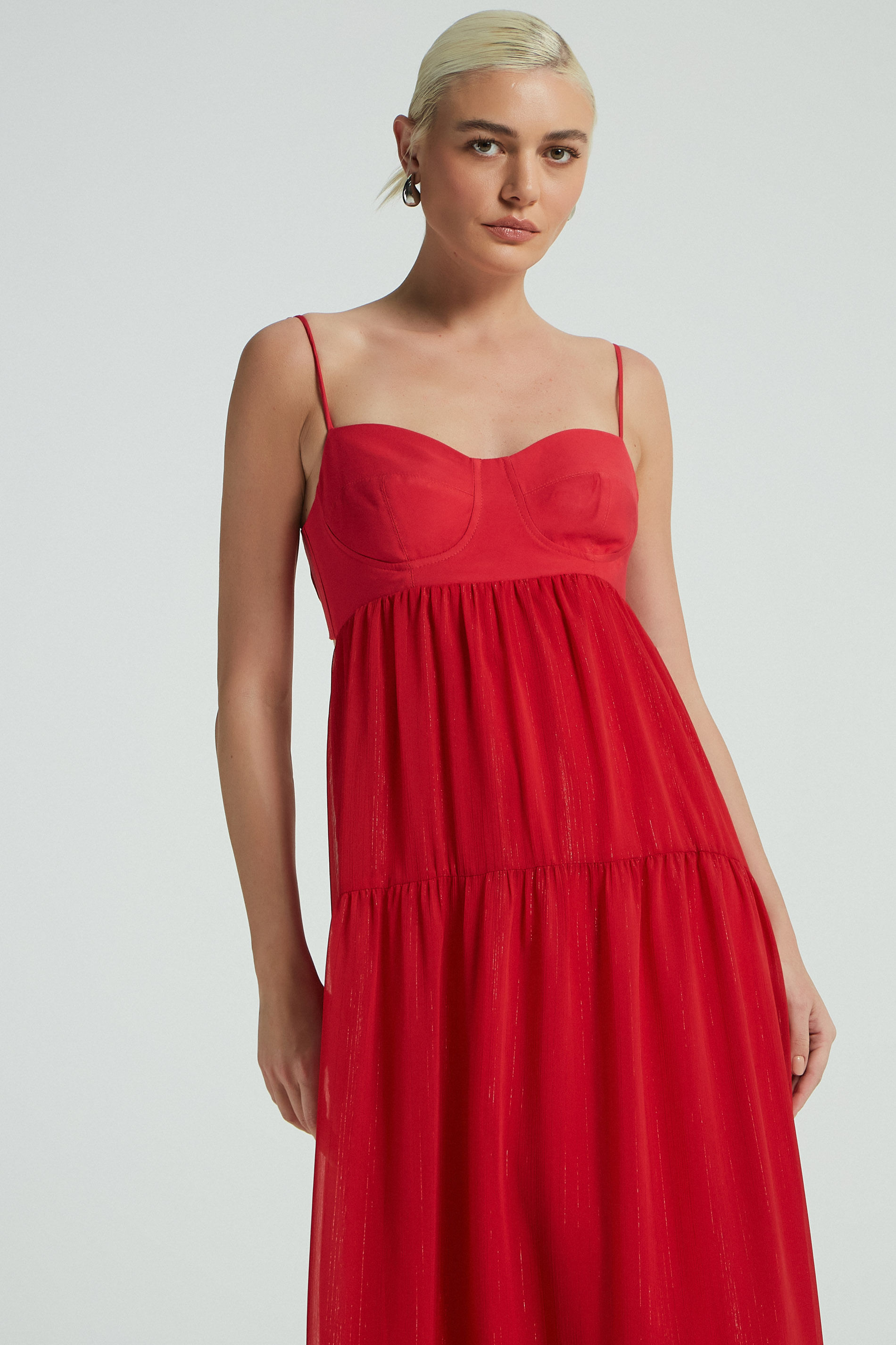 VESTIDO LONGO SAIA CHIFFON LUREX-VERMELHO M - VERMELHO - 279315