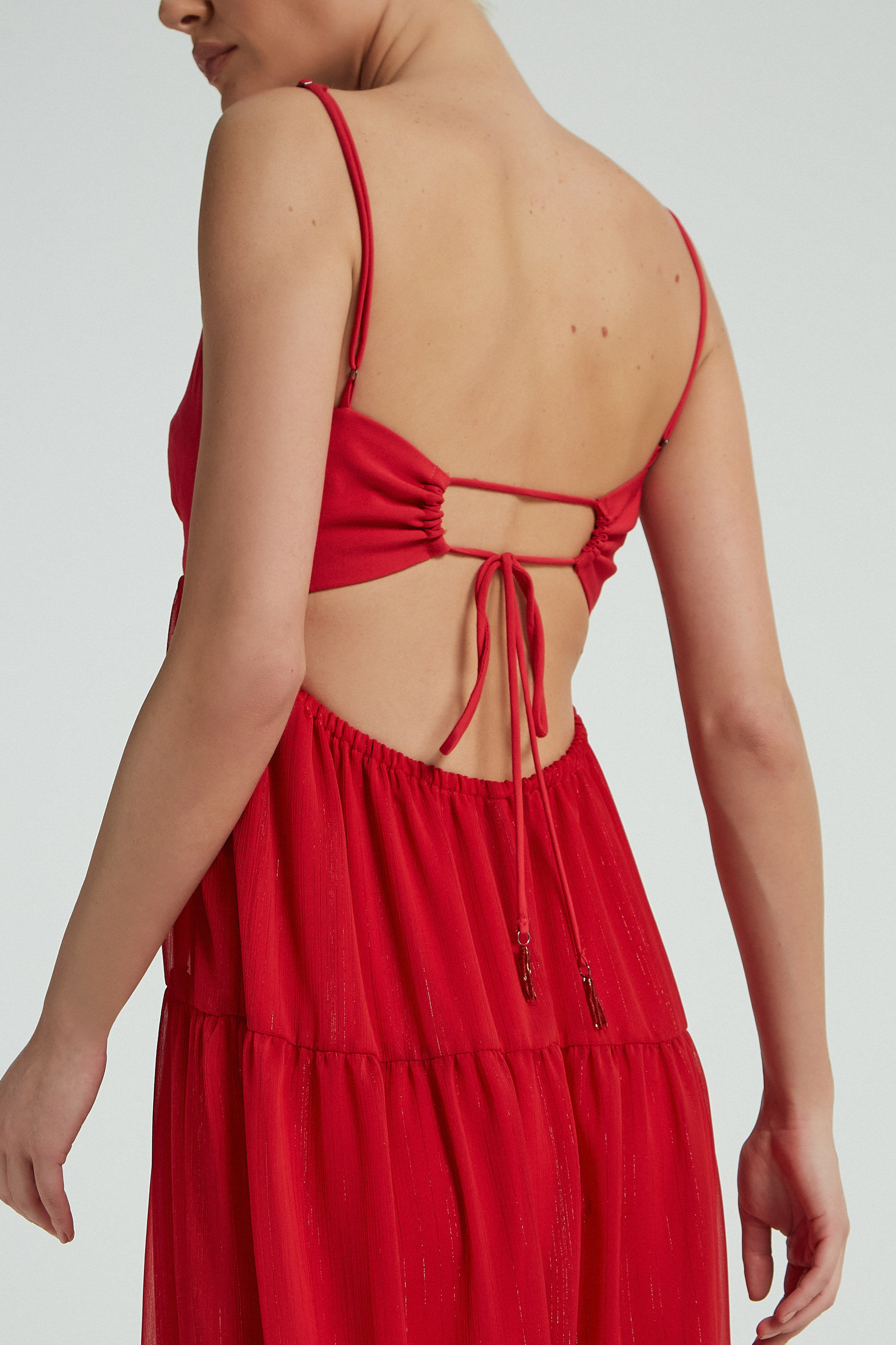 VESTIDO LONGO SAIA CHIFFON LUREX-VERMELHO M - VERMELHO - 279320