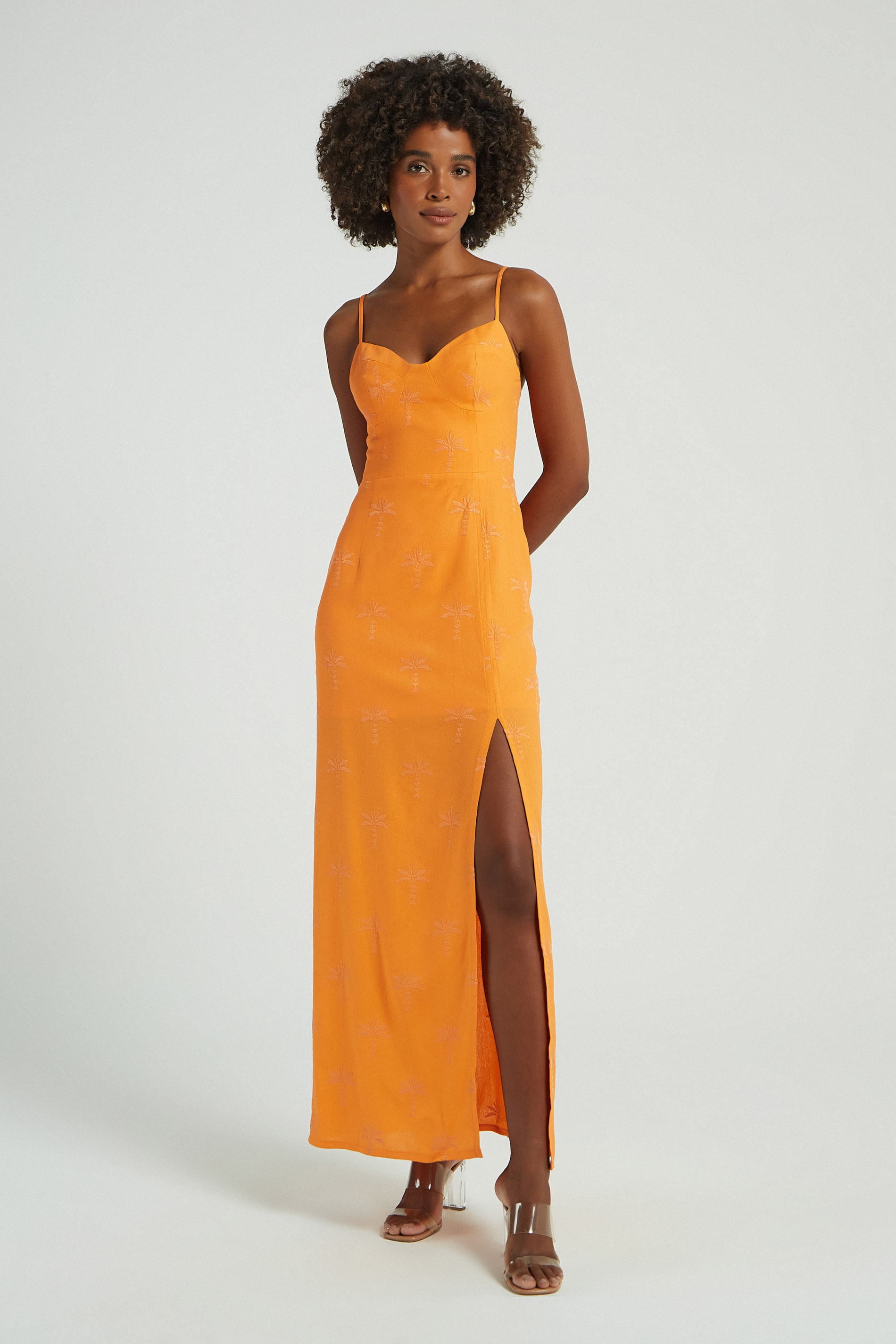 VESTIDO LONGO LINHO COQUEIROS-MANDARIM M - MANDARIM - 279615