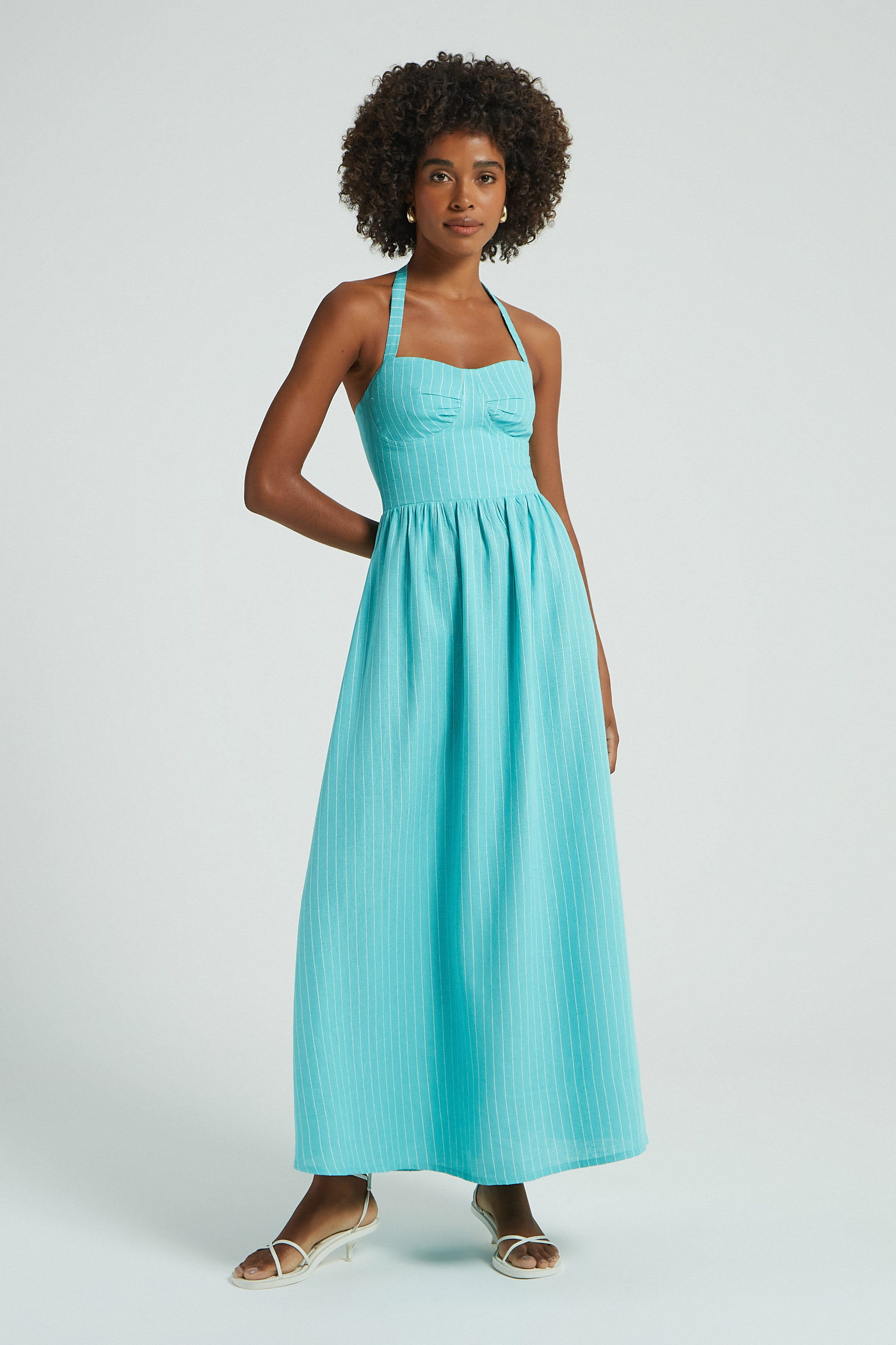 VESTIDO BOJO LINHO RISCA DE GIZ-PISCINA P - PISCINA - 280323