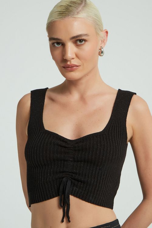 TOP AMARRACAO BOJO TRICOT LUREX PRETO