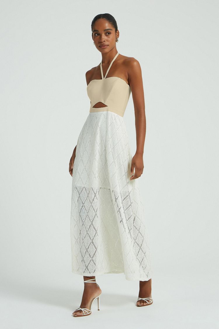 VESTIDO C/ RENDA CROCHE E PAETES-CREME P - CREME - 281107