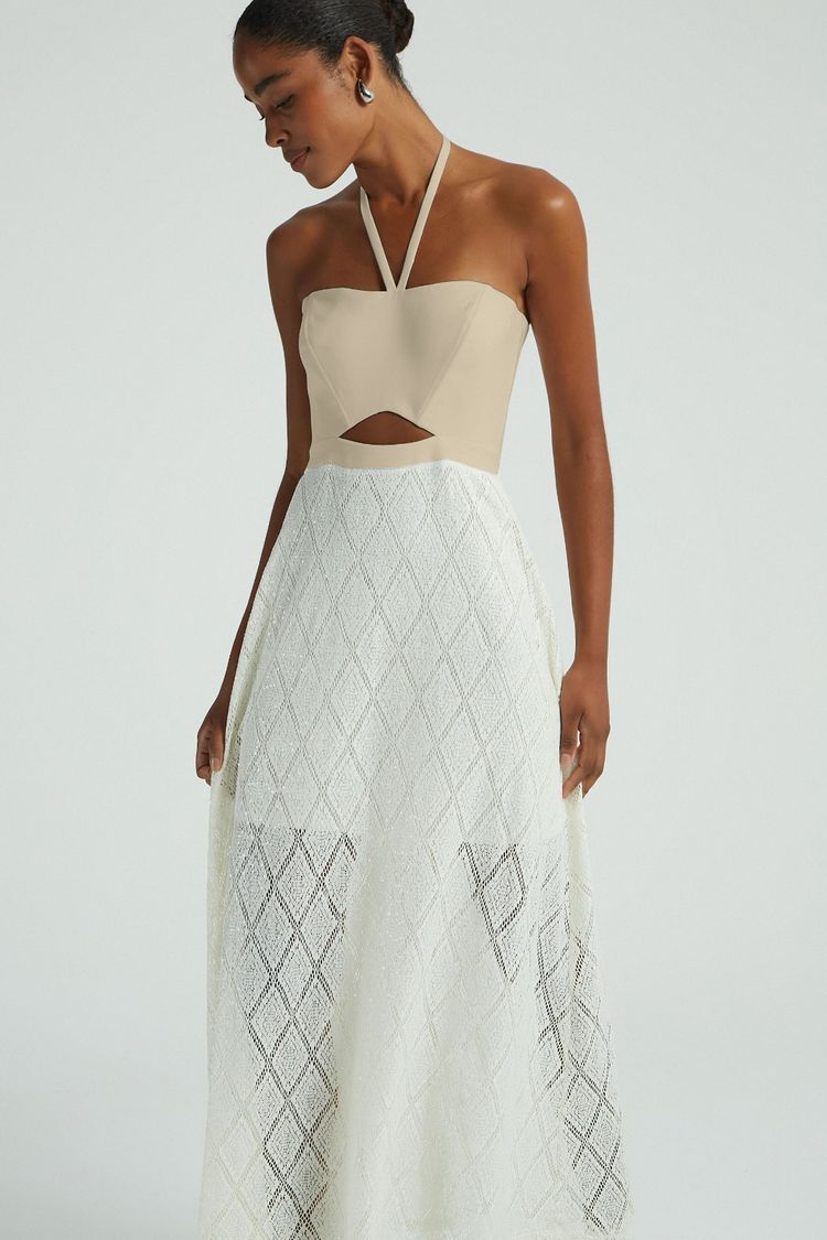 VESTIDO C/ RENDA CROCHE E PAETES-CREME P - CREME - 281108