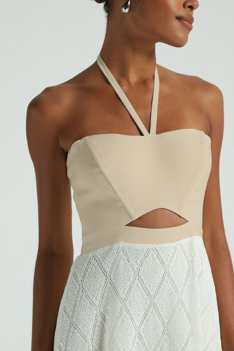 VESTIDO C/ RENDA CROCHE E PAETES-CREME P - CREME - 281110