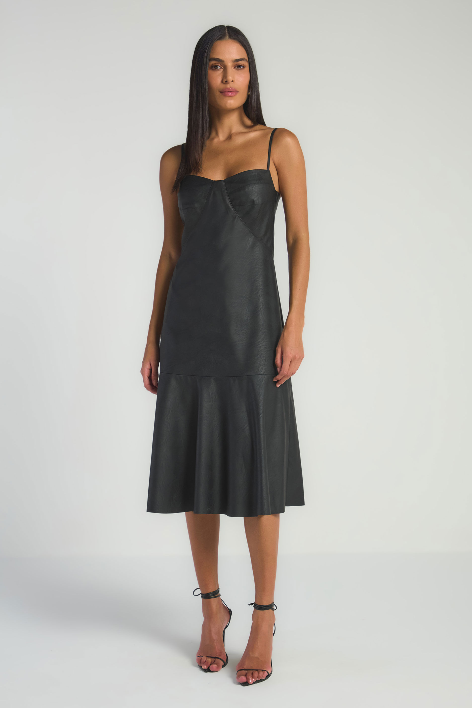 VESTIDO MIDI EM POLIURETANO COM RECORTES - PRETO P - PRETO - 285065