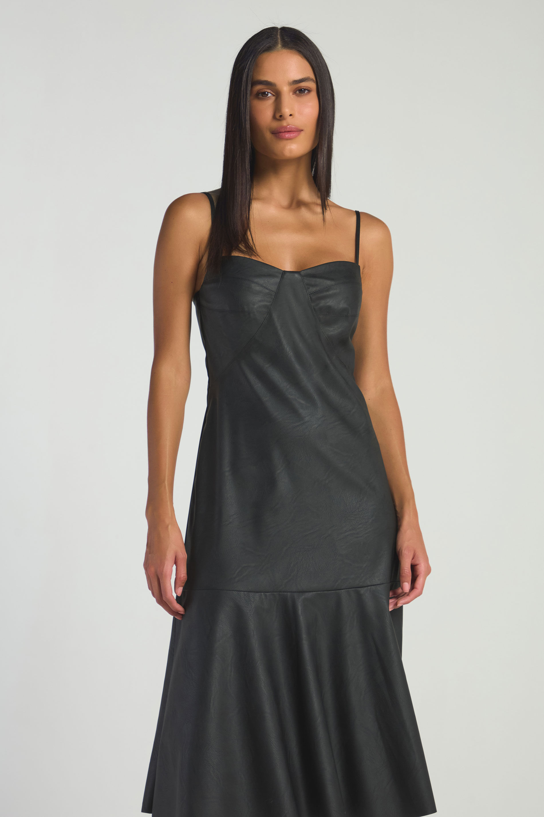 VESTIDO MIDI EM POLIURETANO COM RECORTES - PRETO P - PRETO - 285067