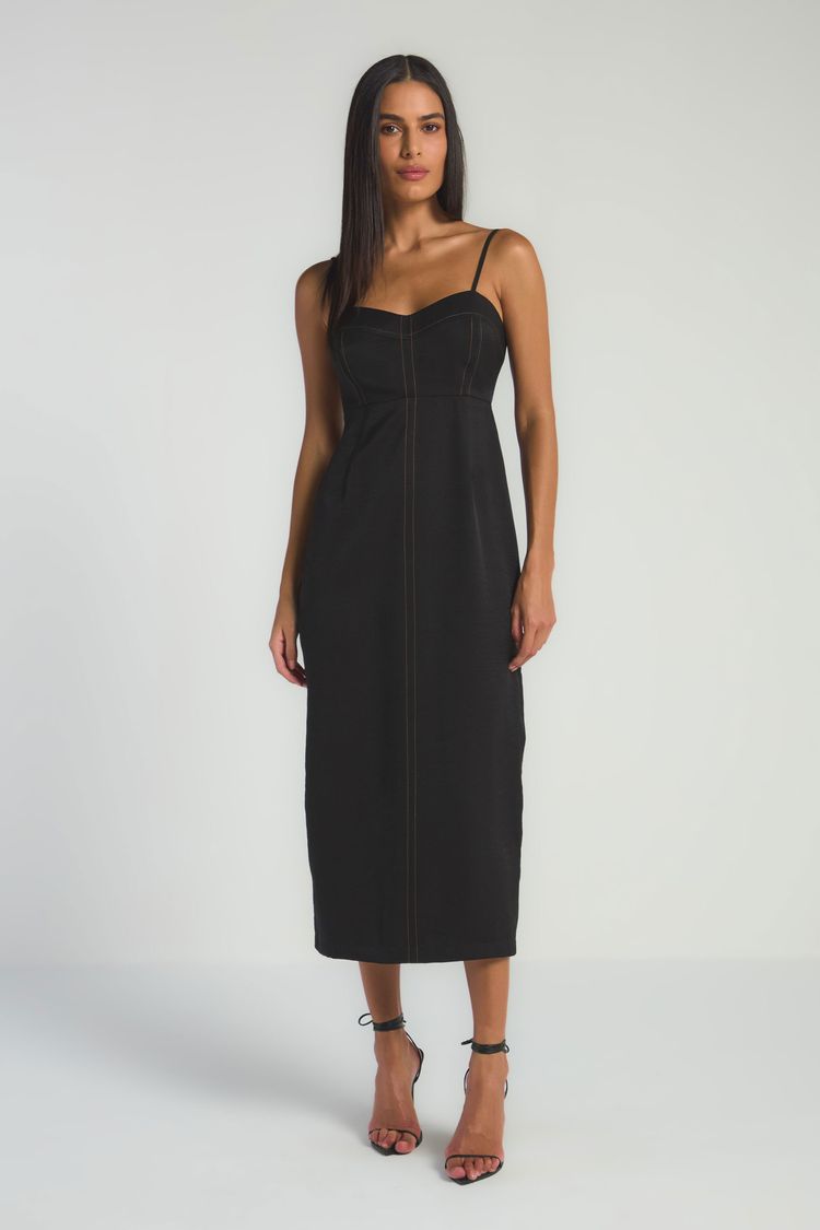 VESTIDO MIDI COM PESPONTOS - PRETO/CARAMELO M - PRETO / CARAMELO - 288106