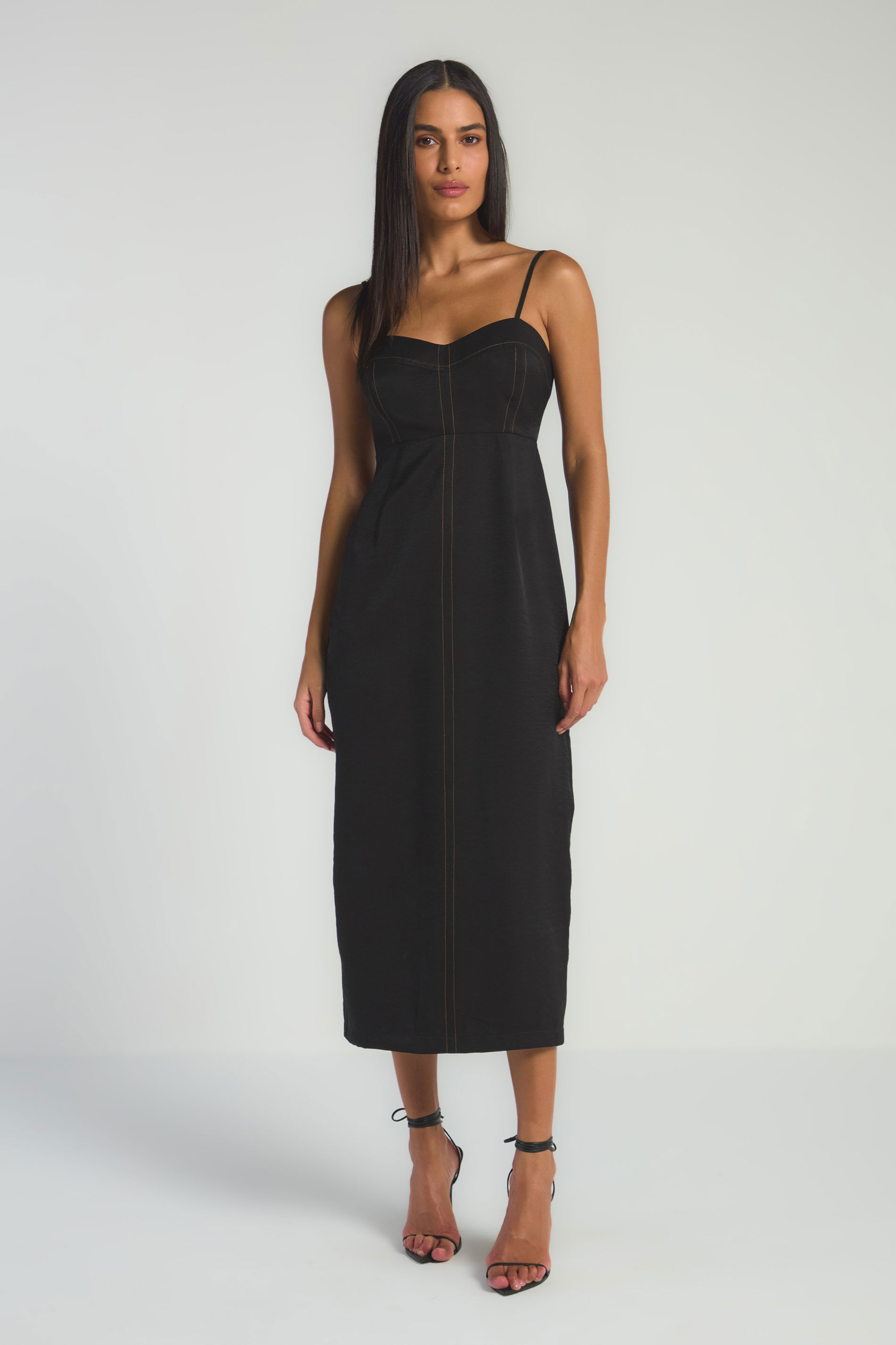 VESTIDO MIDI COM PESPONTOS - PRETO/CARAMELO M - PRETO / CARAMELO - 288106