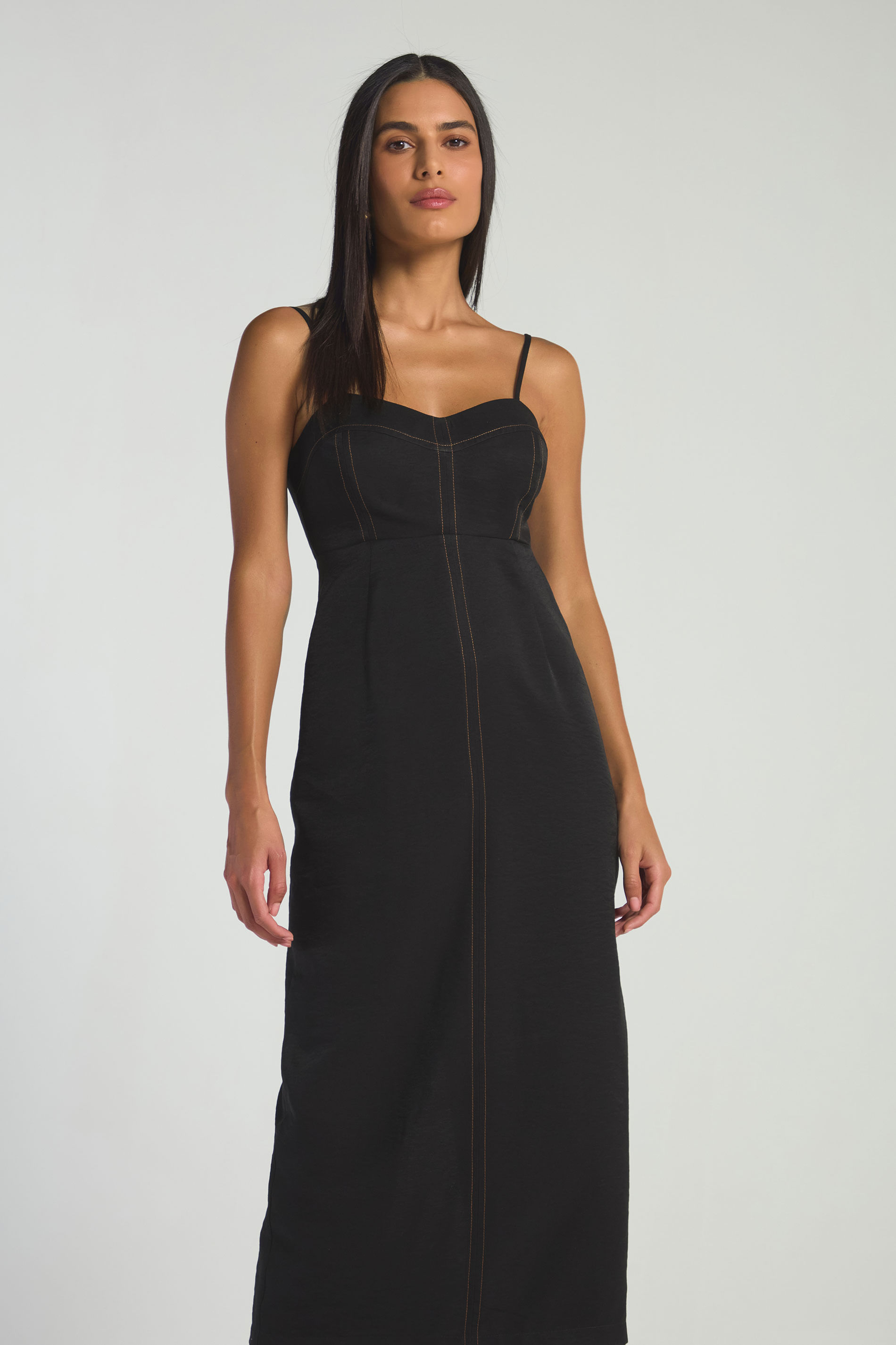 VESTIDO MIDI COM PESPONTOS - PRETO/CARAMELO M - PRETO / CARAMELO - 288108