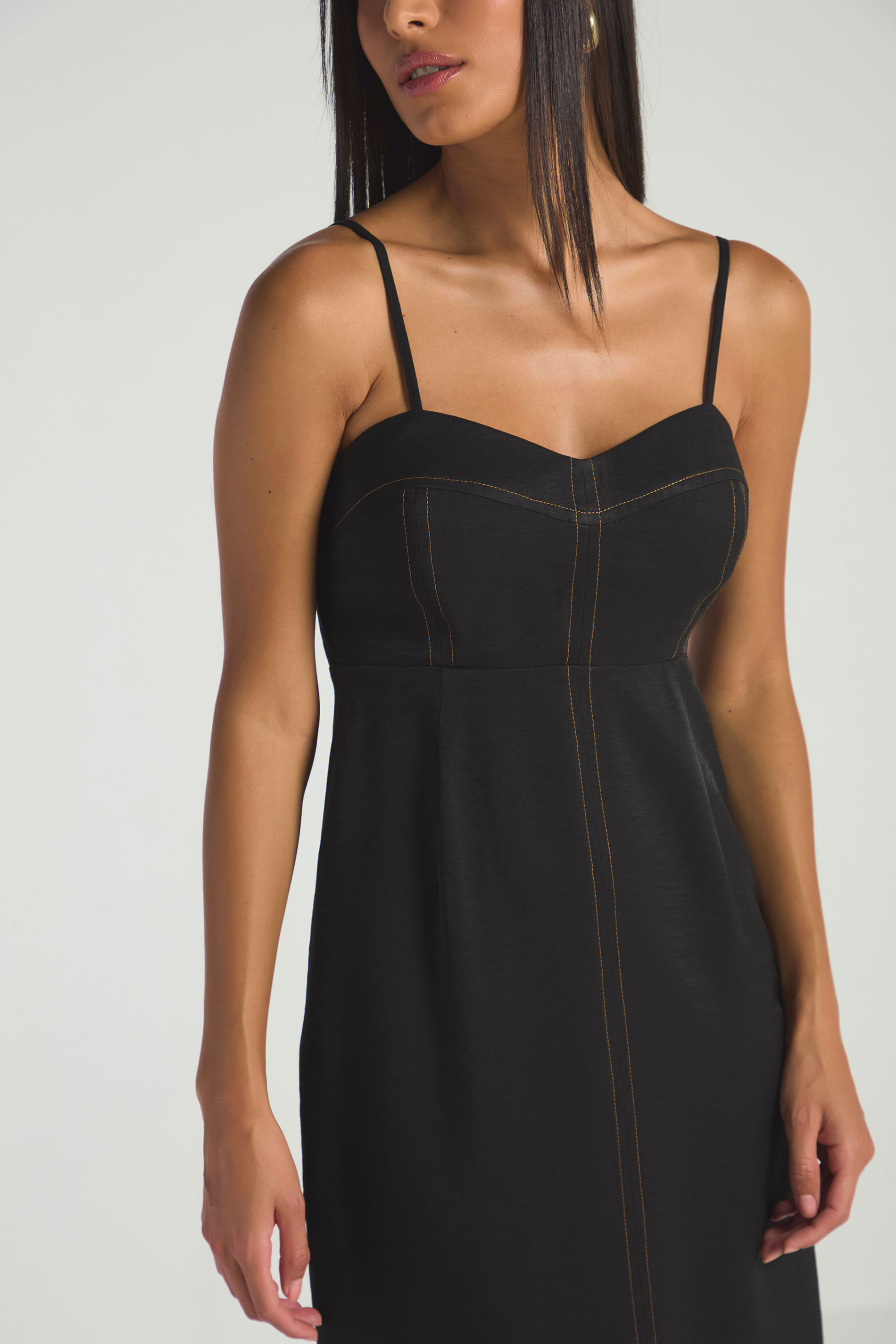 VESTIDO MIDI COM PESPONTOS - PRETO/CARAMELO M - PRETO / CARAMELO - 288109