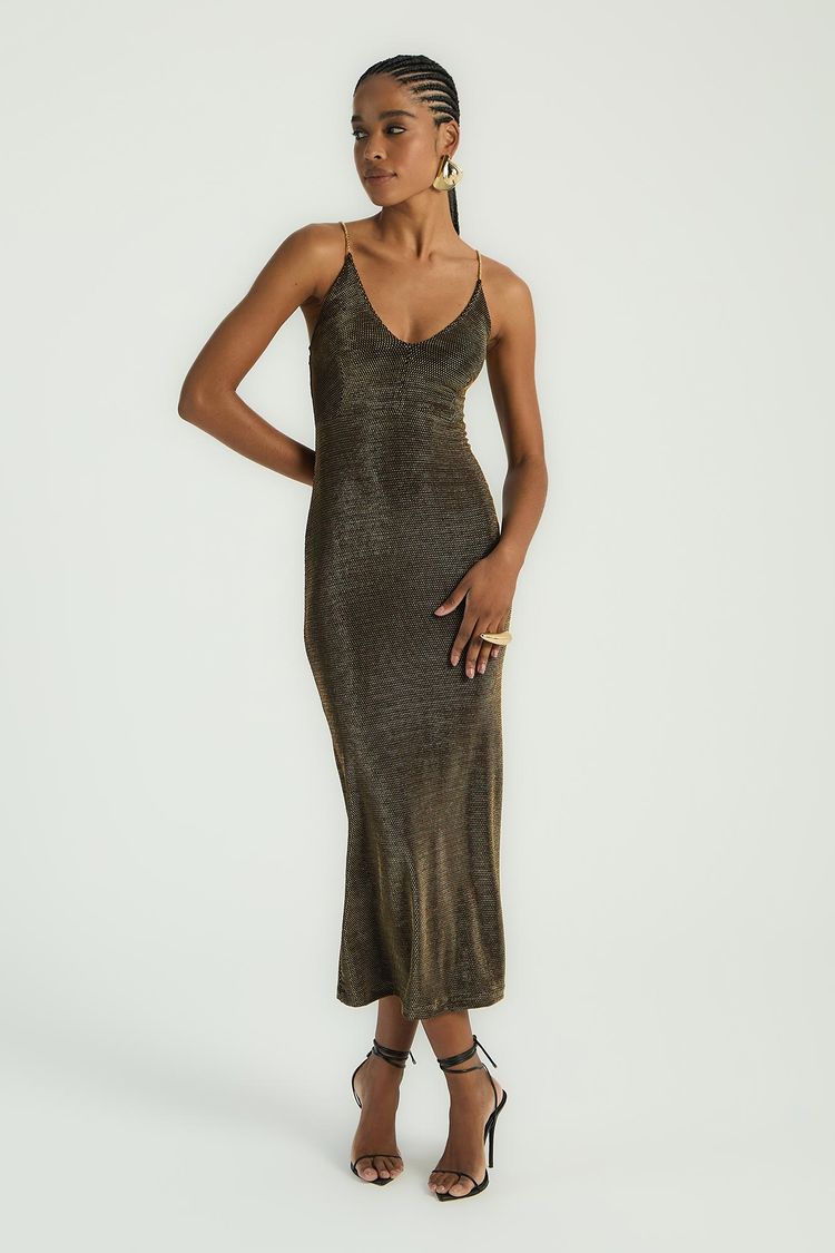 VESTIDO MIDI CORRENTES - PRETO / DOURADO M - PRETO / DOURADO - 288126