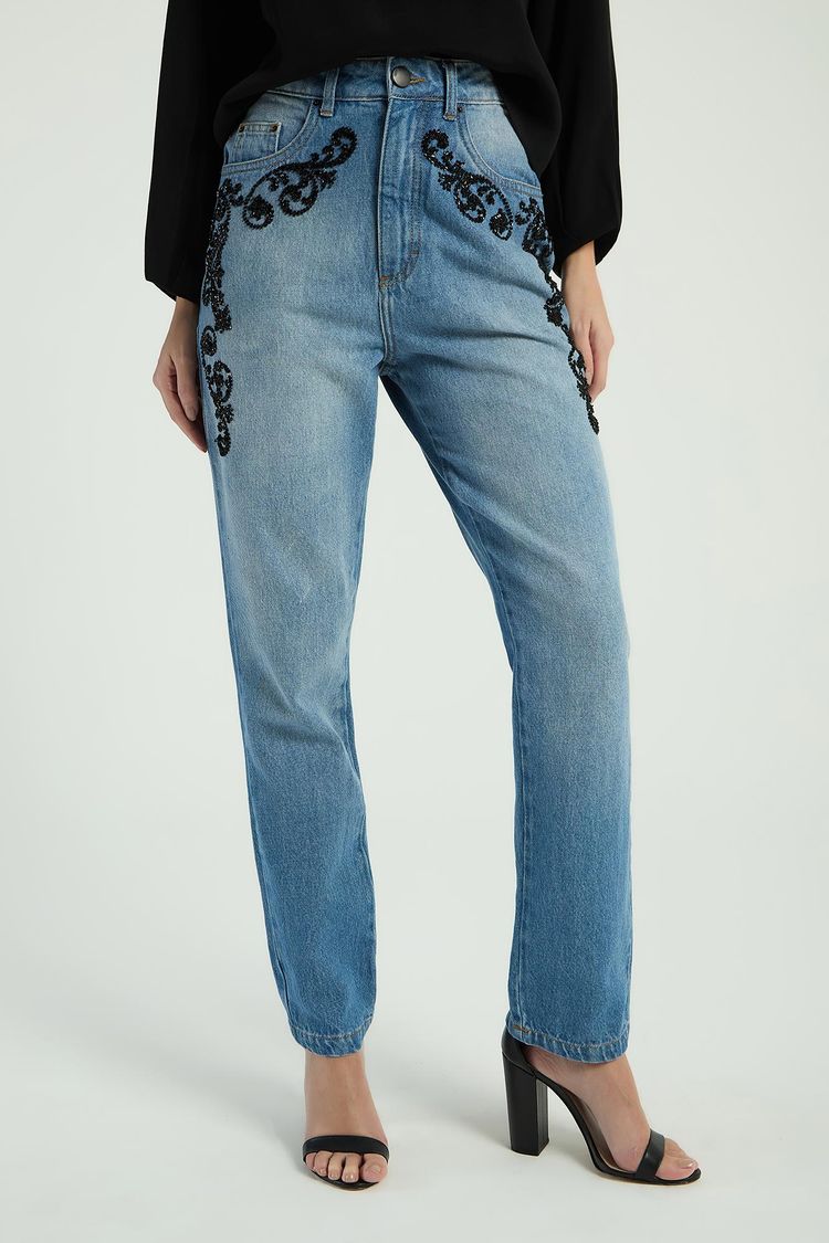 CALÇA JEANS RETA BORDADA - JEANS MEDIO 44 - JEANS MEDIO - 288486