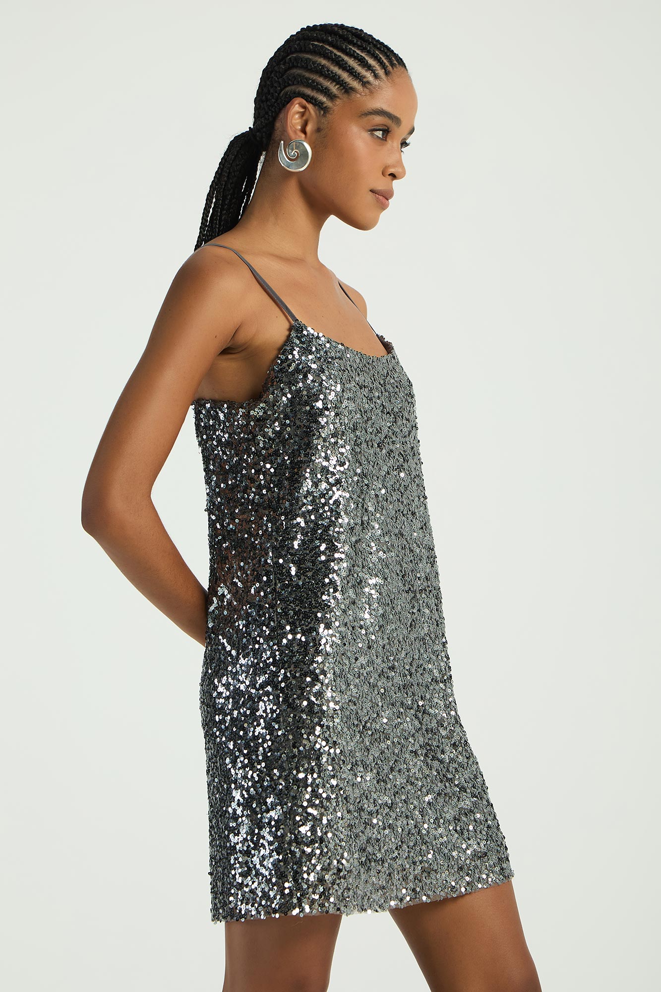 VESTIDO EM PAETE METALIZADO - CINZA M - CINZA - 288632
