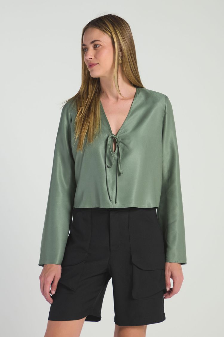 BLUSA DECOTE V COM AMARRAÇÃO - OLIVA PP - OLIVA - 290142