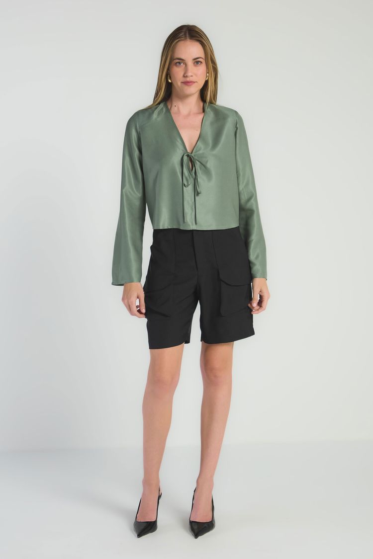 BLUSA DECOTE V COM AMARRAÇÃO - OLIVA PP - OLIVA - 290144