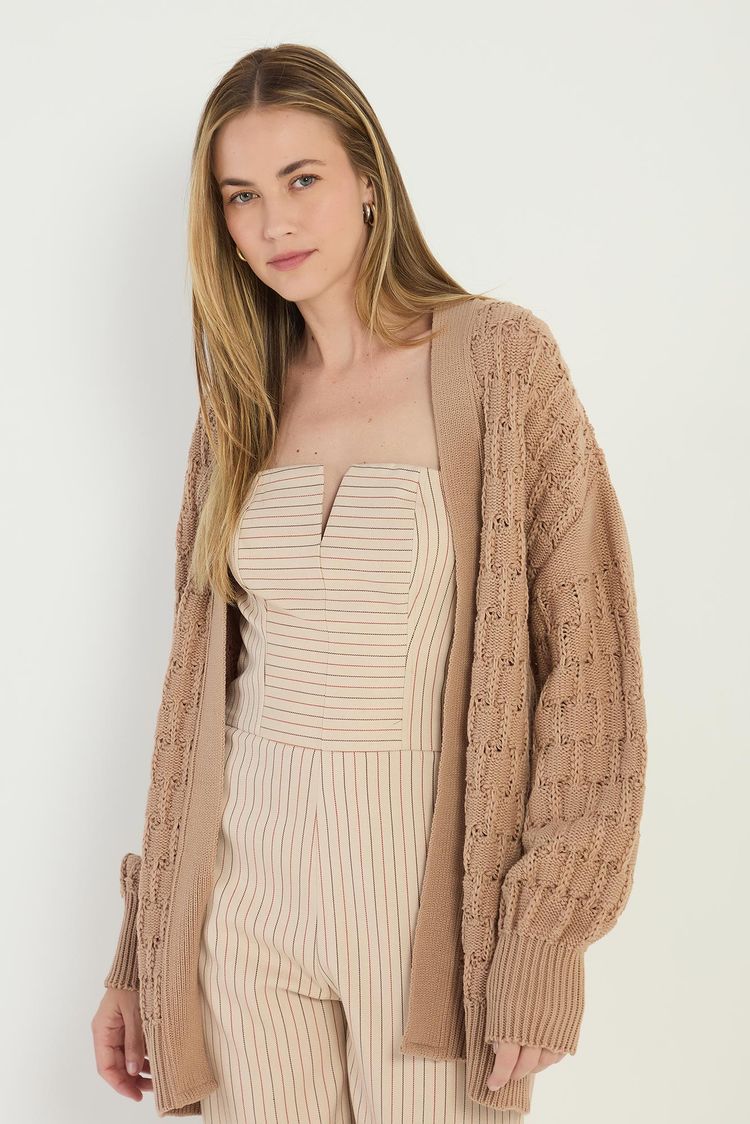 CARDIGAN EM TRICOT COM PONTO DETALHADO - BEGE PP - BEGE - 292428