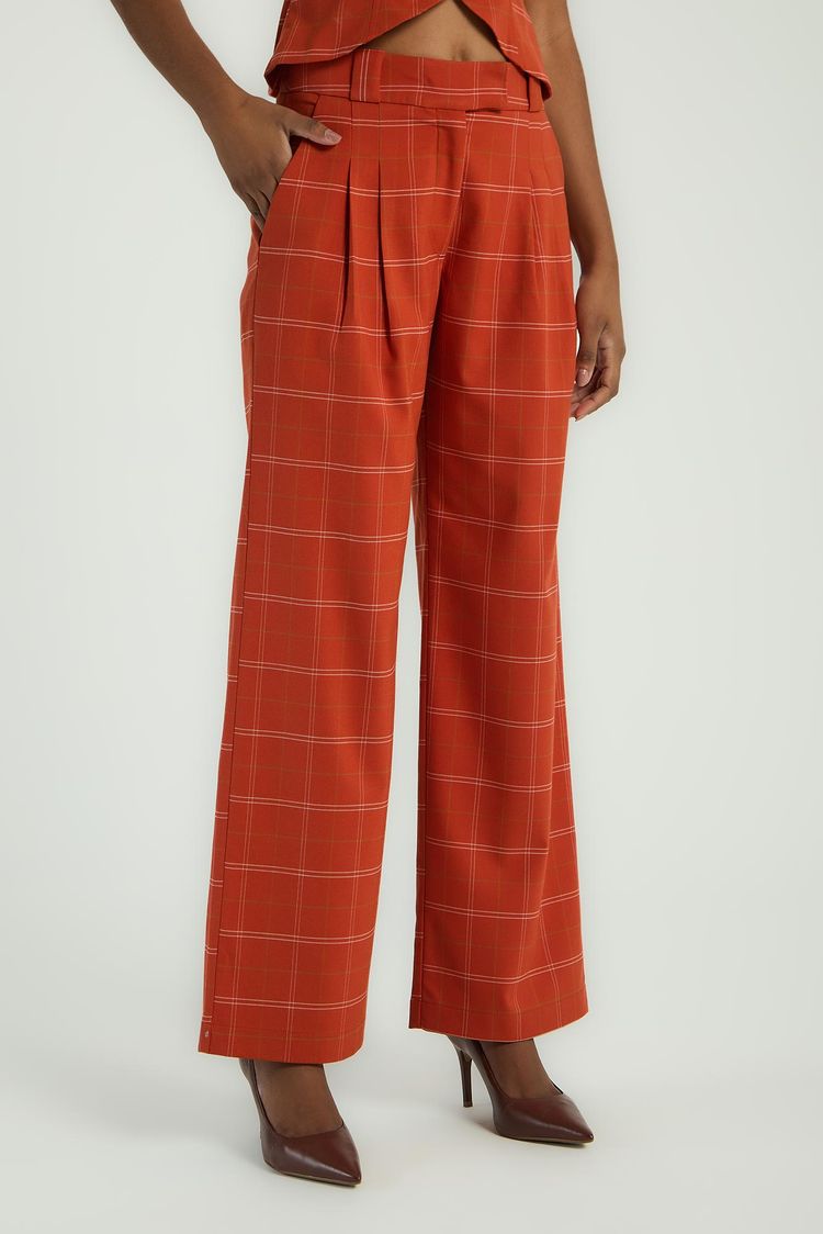 CALÇA XADREZ COM PREGAS - PECAN G - PECAN - 294119