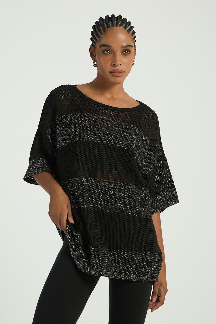 BLUSA EM TRICOT COM LISTRAS LUREX - PRETO PP - PRETO - 296327