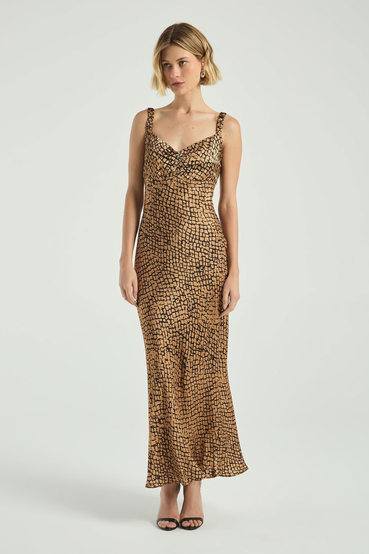 VESTIDO MIDI ESTAMPADO COM DECOTE CORAÇÃO-EST TEXTURA M - EST TEXTURA - 297675
