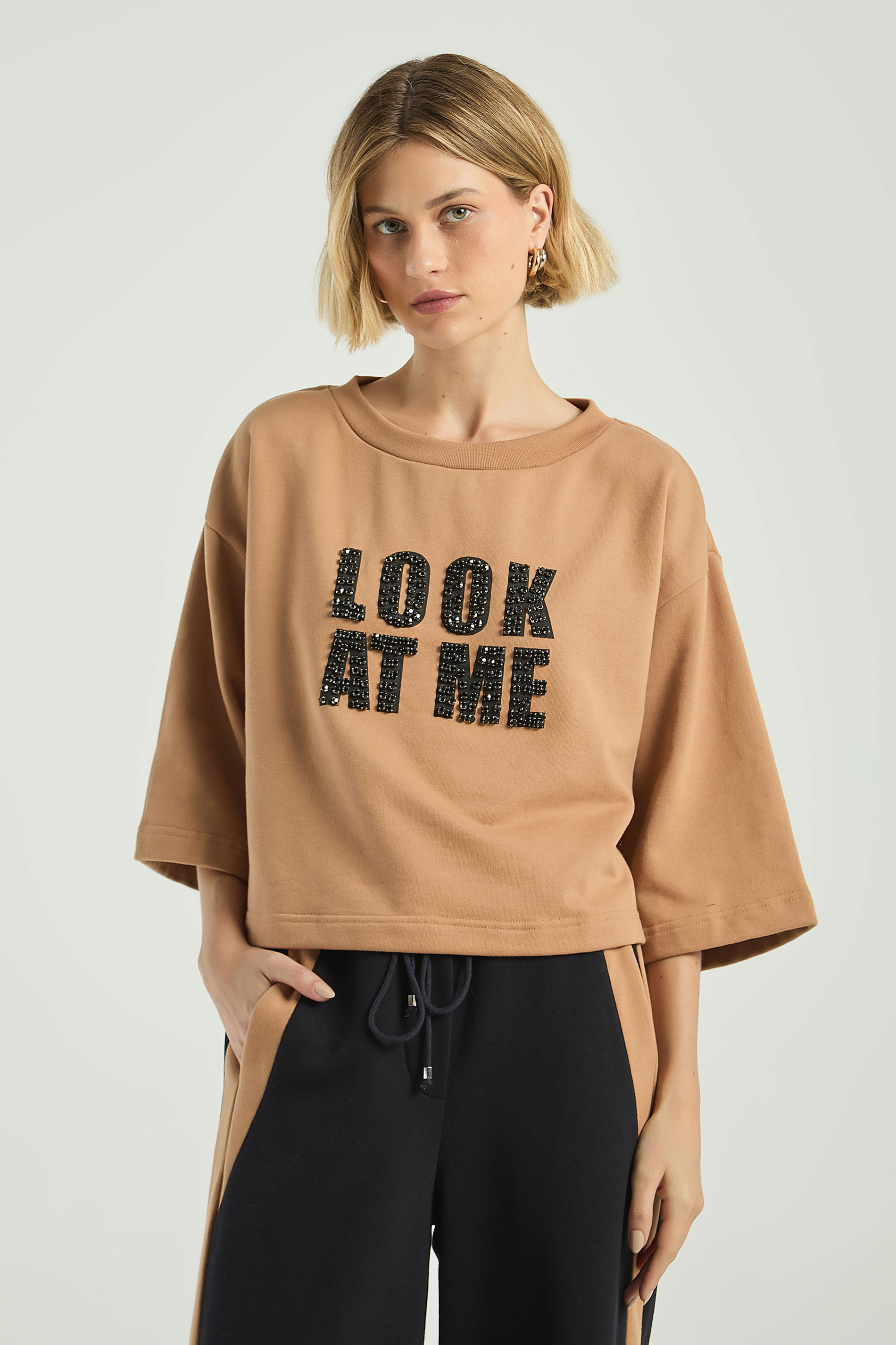 BLUSA MOLETOM 3/4 COM SILK-BEGE ESCURO P - BEGE ESCURO - 298231