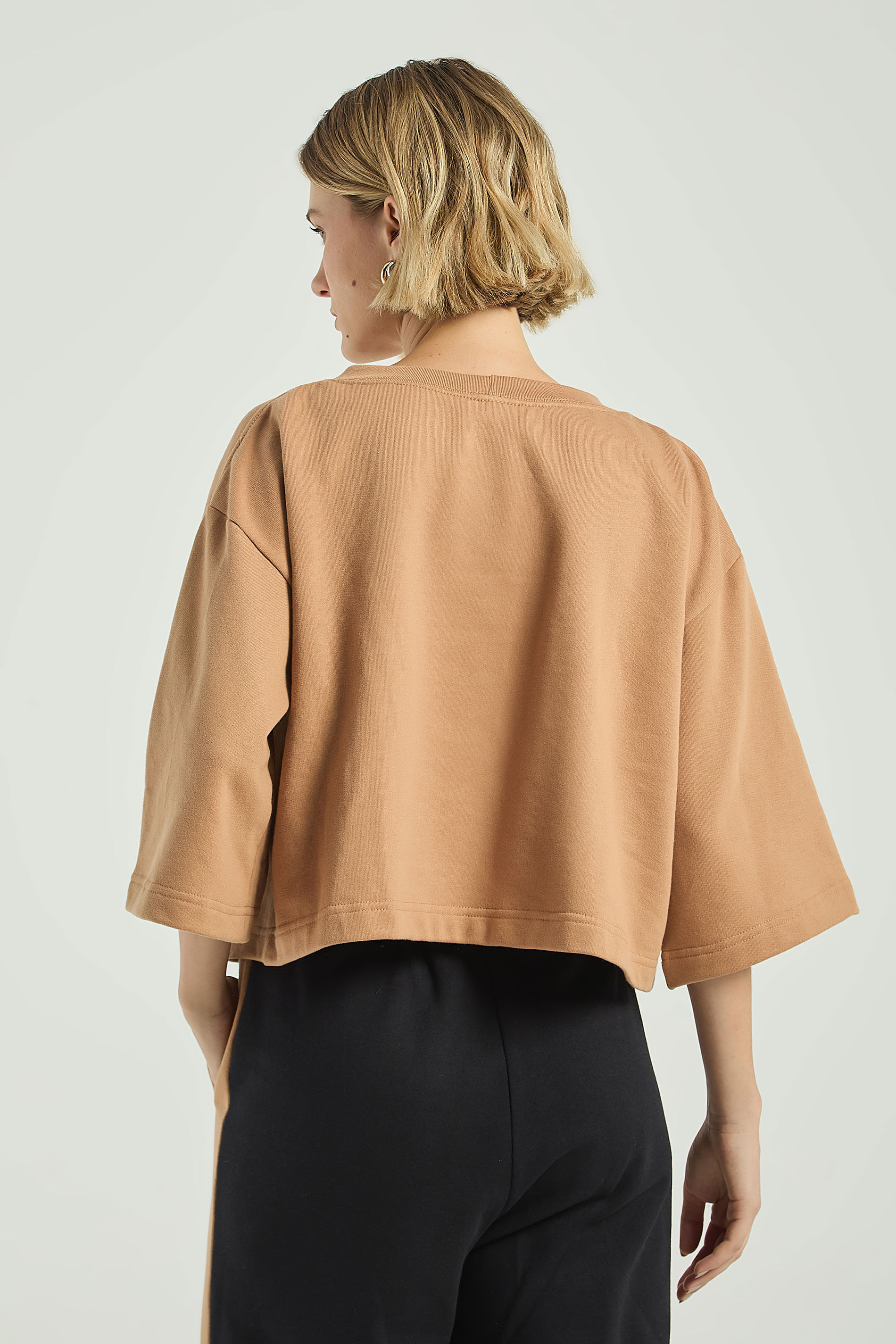 BLUSA MOLETOM 3/4 COM SILK-BEGE ESCURO P - BEGE ESCURO - 298235