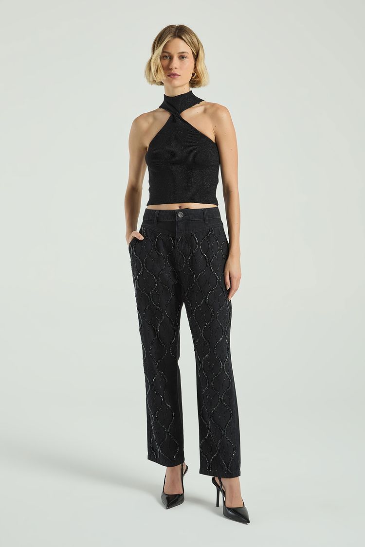 CALÇA RETA COM RECORTES E BORDADO-PRETO 36 - PRETO - 298925