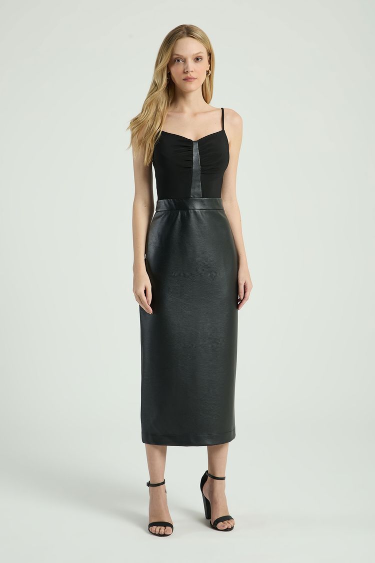 VESTIDO MIX COURO-PRETO G - PRETO - 299403