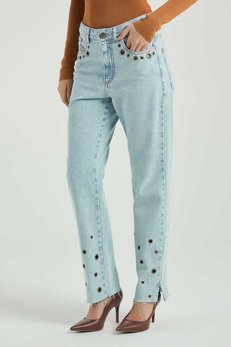 CALÇA JEANS RETA COM ILHÓS-JEANS 38 - JEANS - 300850