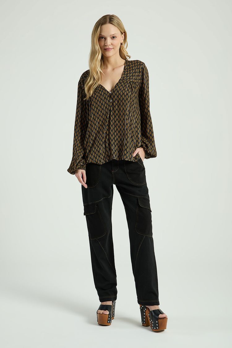 CAMISA BOHO COM LUREX-PRETO P - PRETO - 301163