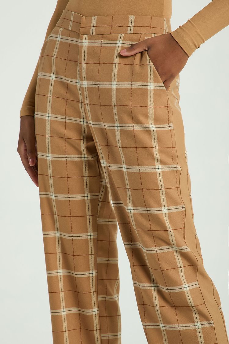 CALÇA RETA XADREZ-BEGE ESCURO G - BEGE ESCURO - 301251