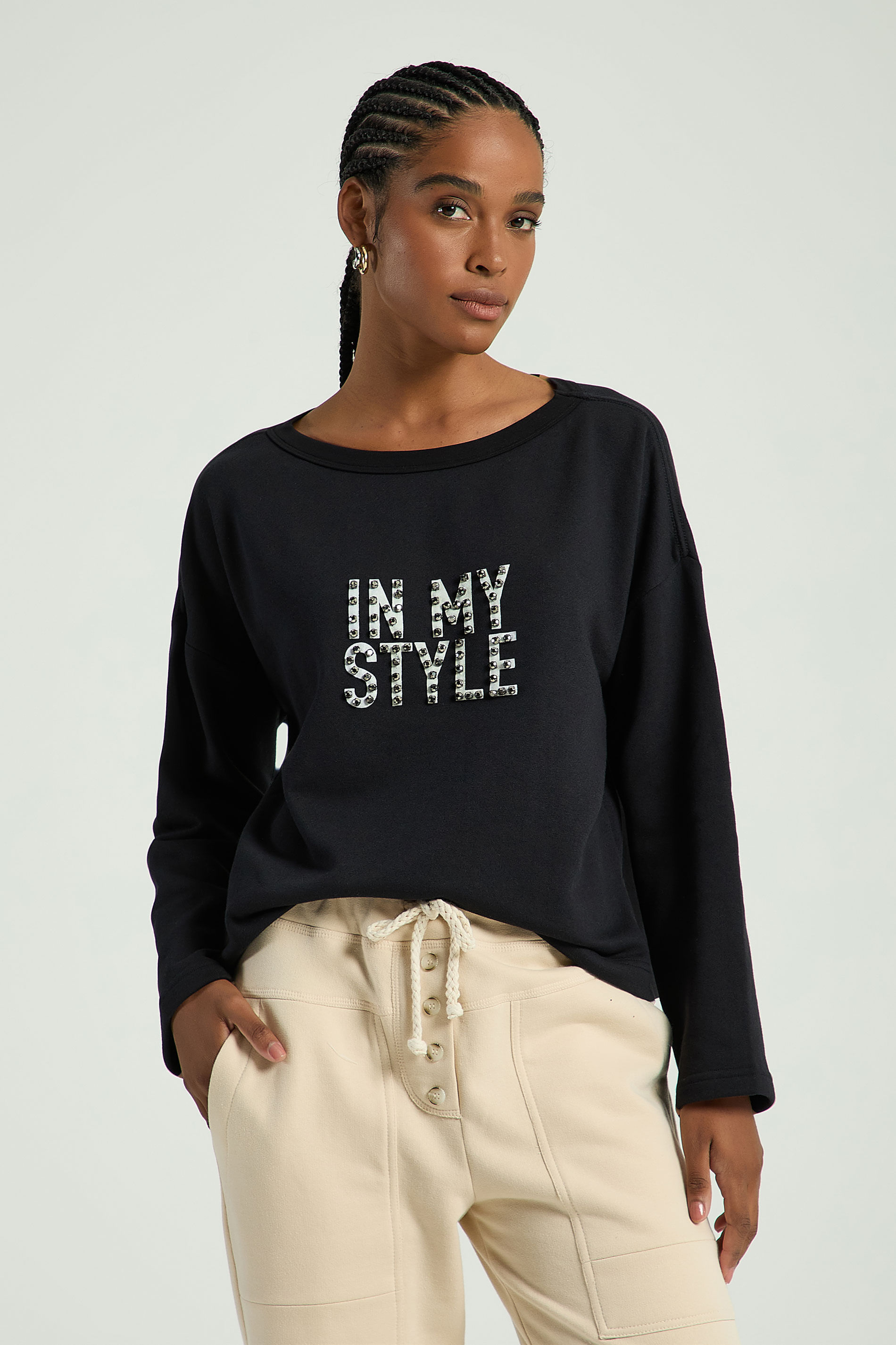 BLUSA MALHÃO COM SILK-PRETO G - PRETO - 301703