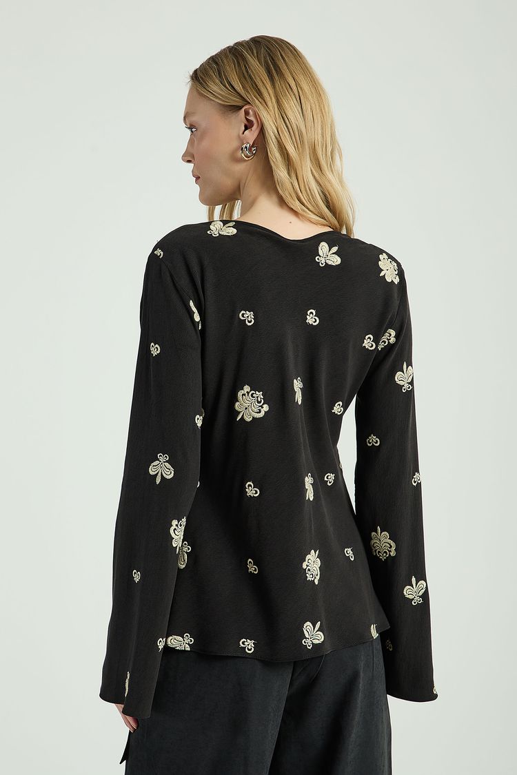BLUSA CETIM BORDADO-PRETO P - PRETO - 301777