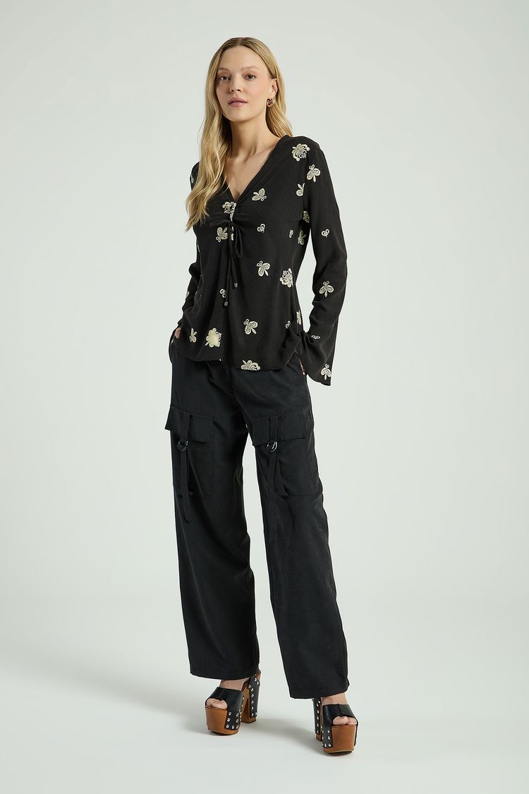 BLUSA CETIM BORDADO-PRETO P - PRETO - 301778