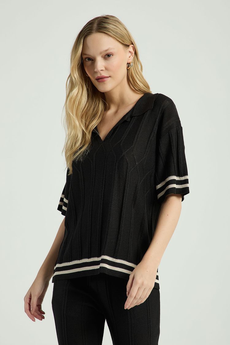 BLUSA EM TRICOT LISTRADA-PRETO / AVEIA PP - PRETO / AVEIA - 302600