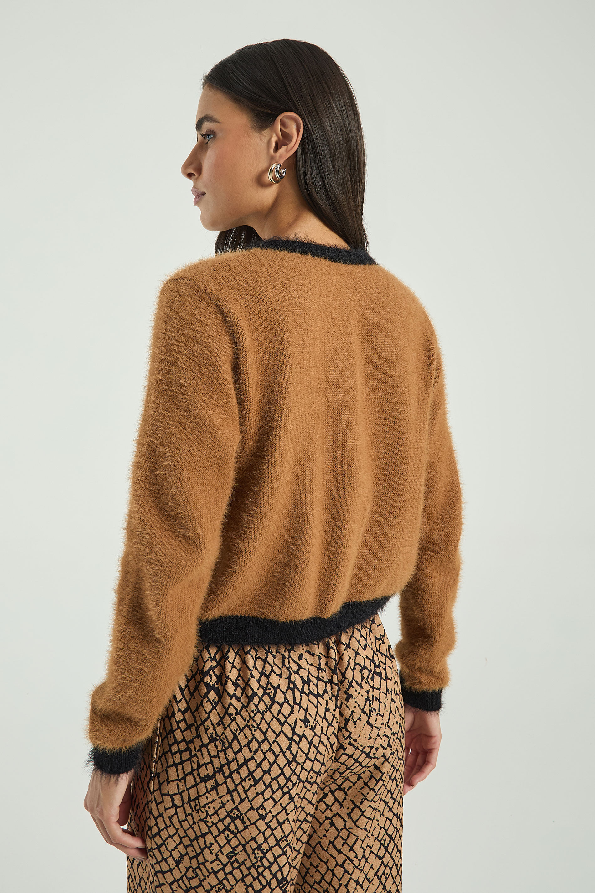 CASACO EM TRICOT ANGORÁ-CARAMELO / PRETO PP - CARAMELO / PRETO - 302622