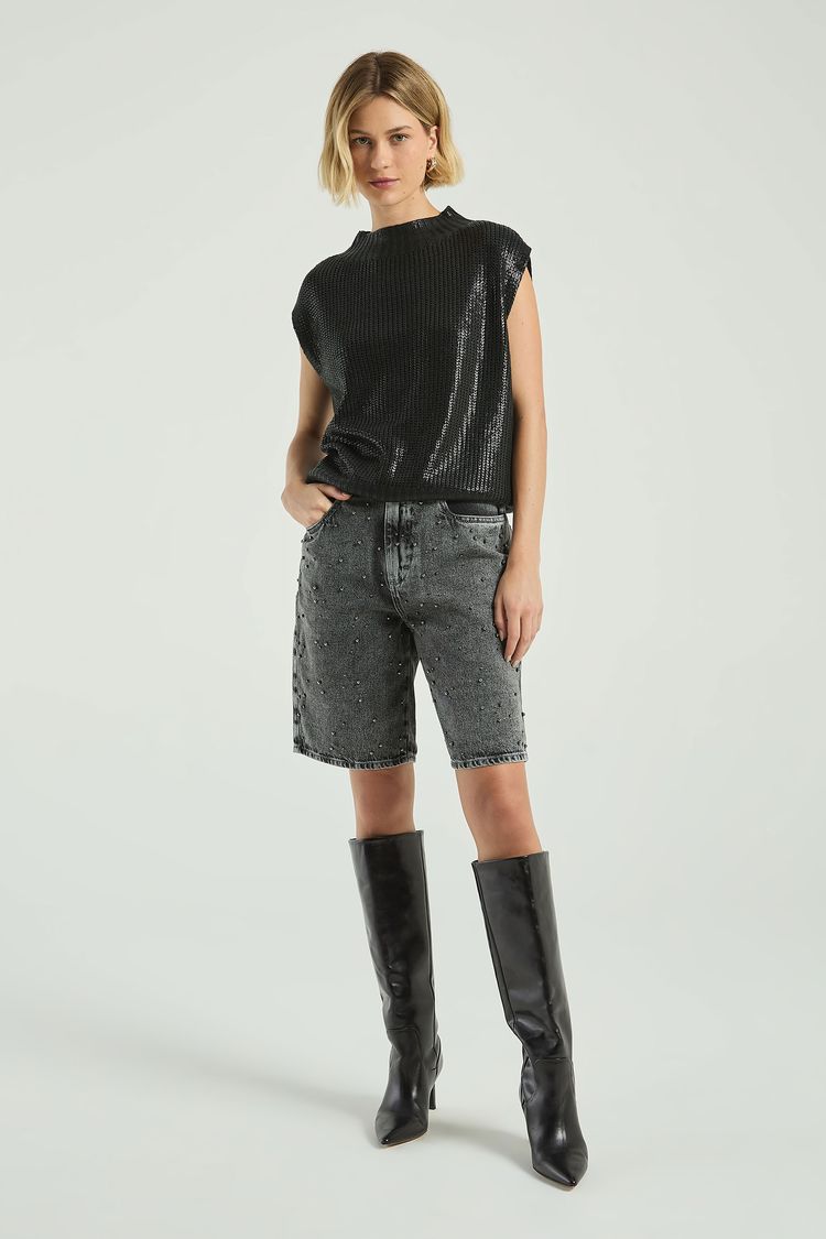 BERMUDA BLACK JEANS COM BORDADO-BLACK JEANS 36 - BLACK JEANS - 304068