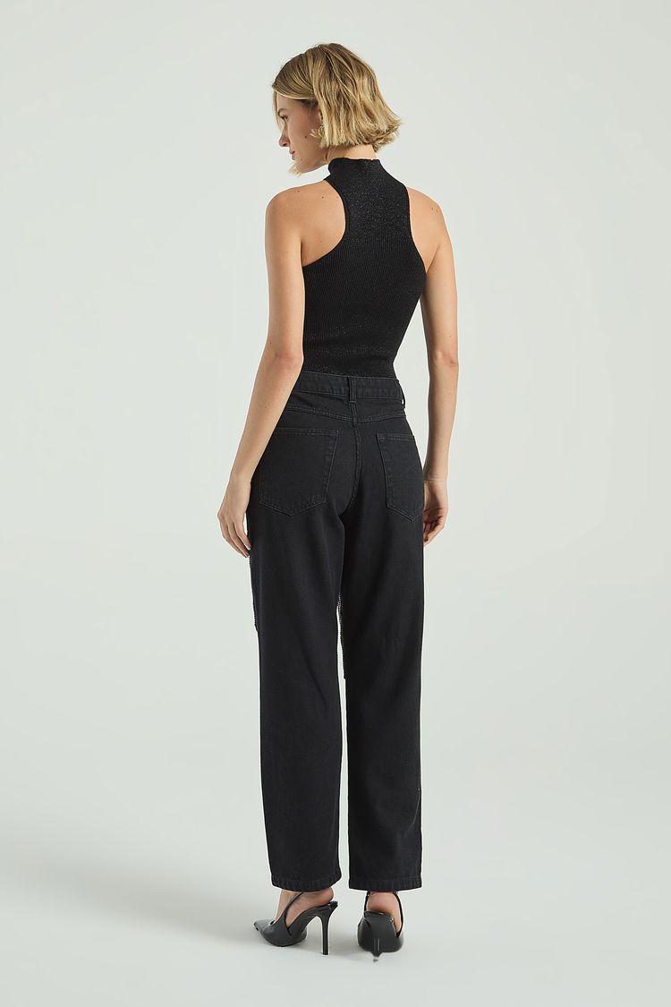 CALÇA RETA COM RECORTES E BORDADO-PRETO 36 - PRETO - 304974