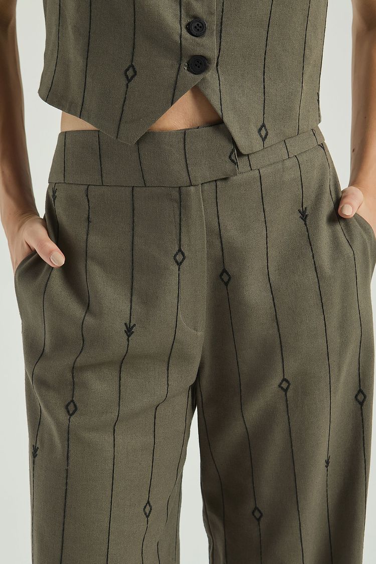 CALÇA LINHO BORDADO-CINZA ESVERDEADO P - CINZA ESVERDEADO - 305118