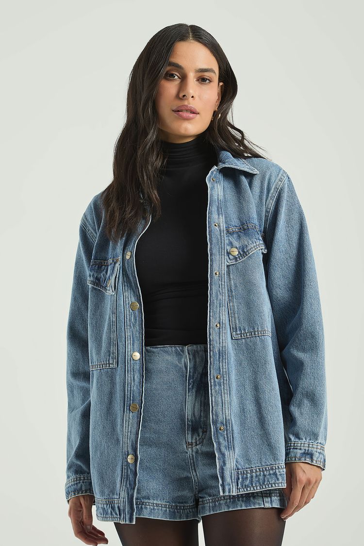 MAXI CAMISA JEANS COM PREGAS NAS COSTAS-JEANS GG - JEANS - 305517