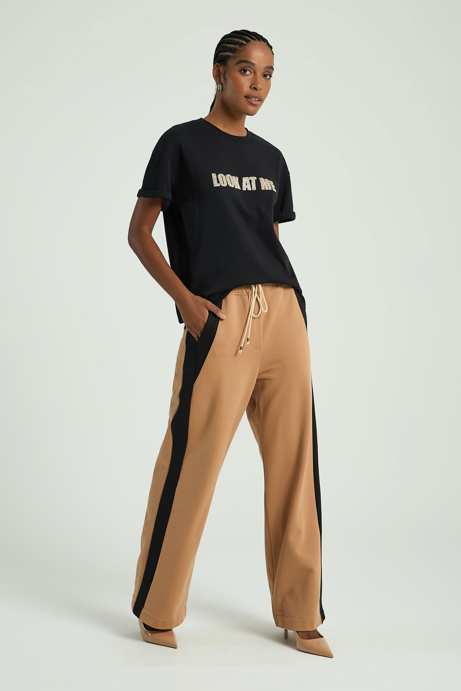 CALÇA MOLETOM BICOLOR-BEGE ESCURO / PRETO P - BEGE ESCURO / PRETO - 306288