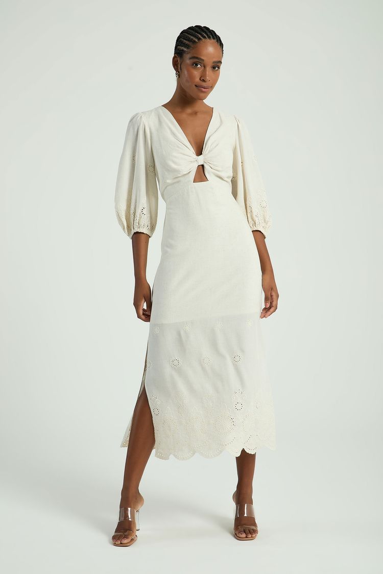 VESTIDO BUSTO NÓ BARRADO-AVEIA PP - AVEIA - 306923